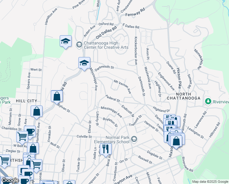 map of restaurants, bars, coffee shops, grocery stores, and more near 810 Mount Vernon Circle in Chattanooga