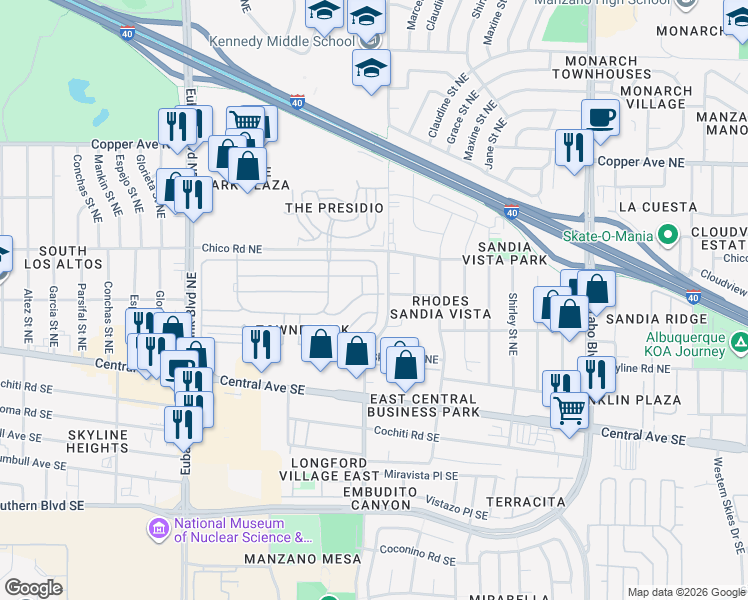 map of restaurants, bars, coffee shops, grocery stores, and more near 412 Seward Park Avenue Northeast in Albuquerque