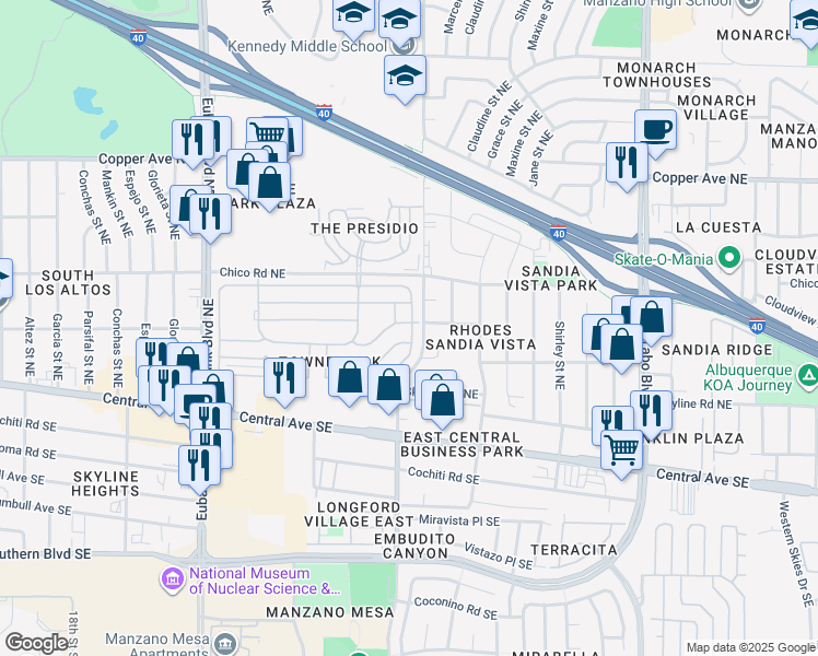 map of restaurants, bars, coffee shops, grocery stores, and more near 412 Seward Park Avenue Northeast in Albuquerque