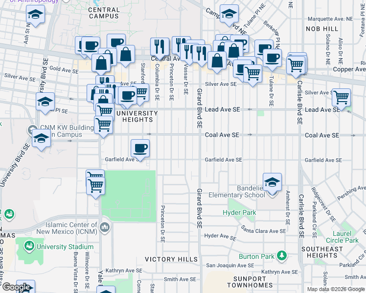 map of restaurants, bars, coffee shops, grocery stores, and more near 414 Princeton Drive Southeast in Albuquerque