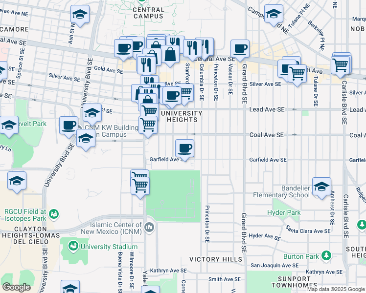 map of restaurants, bars, coffee shops, grocery stores, and more near 415 Stanford Drive Southeast in Albuquerque