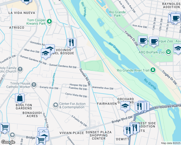 map of restaurants, bars, coffee shops, grocery stores, and more near 1321 Trujillo Road Southwest in Albuquerque