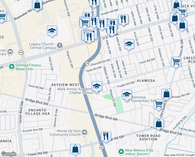 map of restaurants, bars, coffee shops, grocery stores, and more near 416 69th Street Southwest in Albuquerque