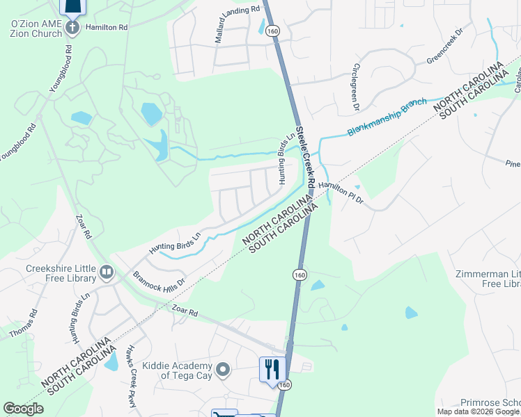 map of restaurants, bars, coffee shops, grocery stores, and more near 12431 Hunting Birds Lane in Charlotte