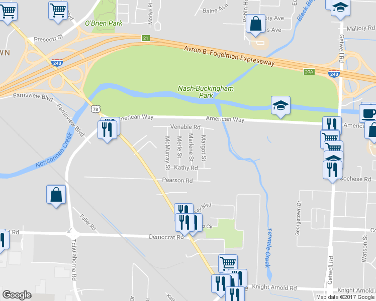 map of restaurants, bars, coffee shops, grocery stores, and more near 2727 Marlene Street in Memphis