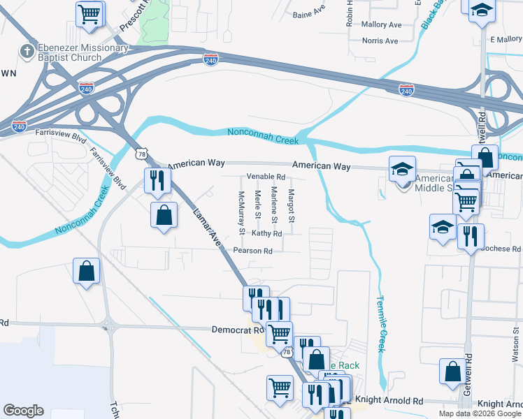 map of restaurants, bars, coffee shops, grocery stores, and more near 2727 Marlene Street in Memphis