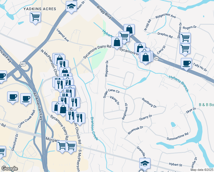 map of restaurants, bars, coffee shops, grocery stores, and more near 304 Wagoner Drive in Fayetteville