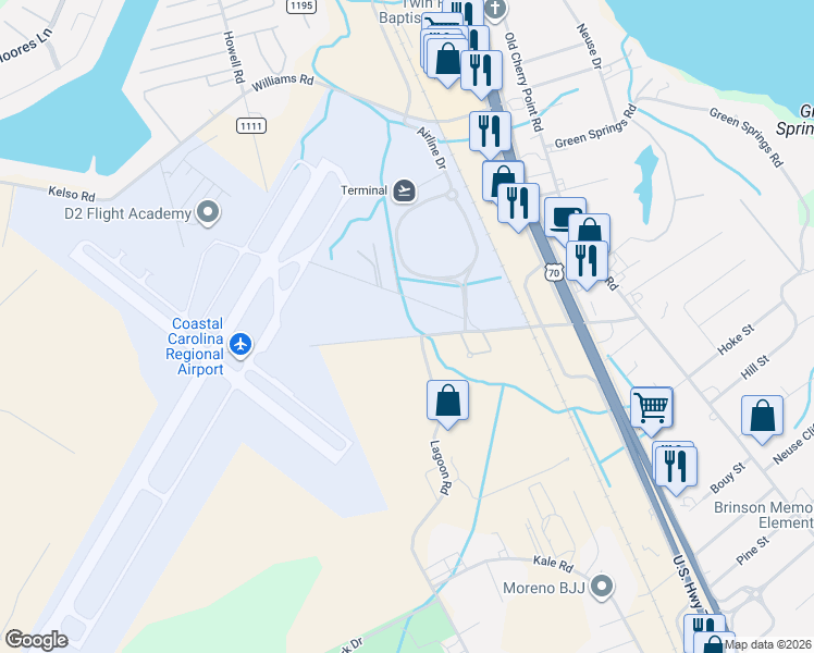 map of restaurants, bars, coffee shops, grocery stores, and more near 828-1022 Airport Road in New Bern