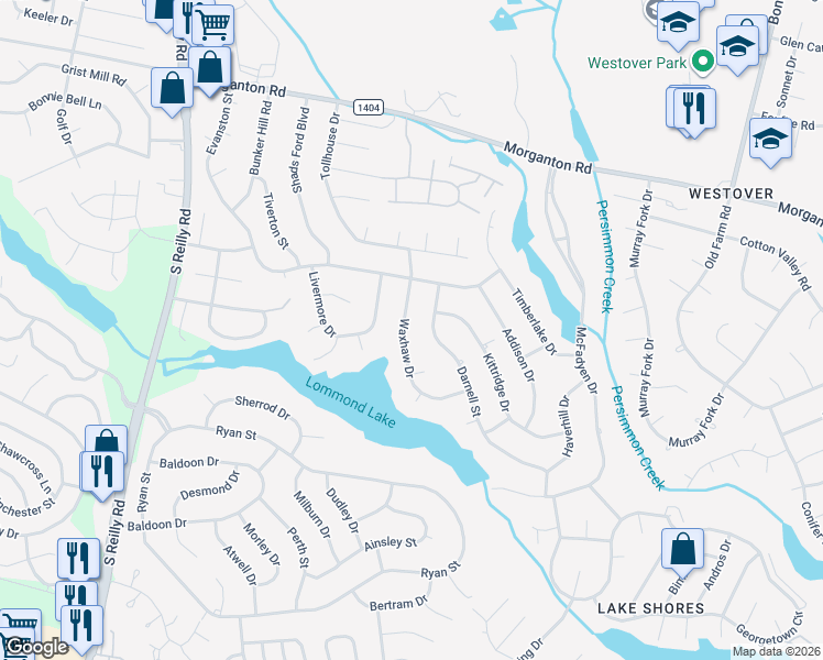 map of restaurants, bars, coffee shops, grocery stores, and more near 226 Waxhaw Drive in Fayetteville