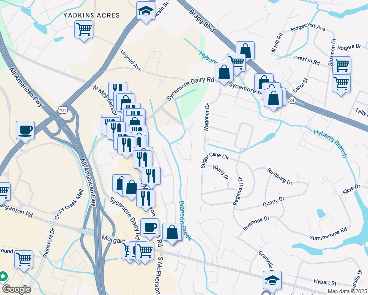 map of restaurants, bars, coffee shops, grocery stores, and more near in Fayetteville