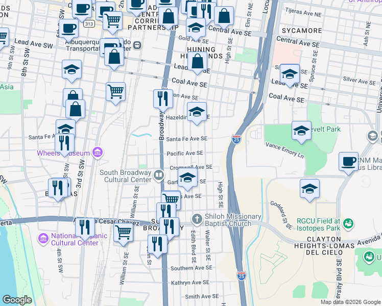 map of restaurants, bars, coffee shops, grocery stores, and more near Edith Blvd SE & Pacific Ave SE in Albuquerque