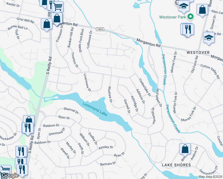 map of restaurants, bars, coffee shops, grocery stores, and more near 226 Waxhaw Drive in Fayetteville