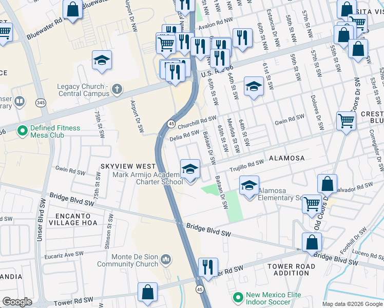 map of restaurants, bars, coffee shops, grocery stores, and more near 416 69th Street Southwest in Albuquerque