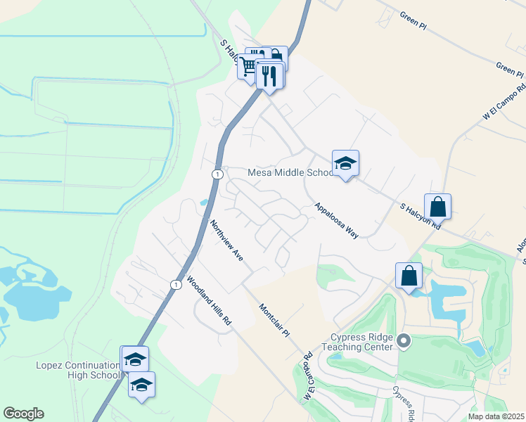 map of restaurants, bars, coffee shops, grocery stores, and more near 765 Mesa View Drive in Arroyo Grande