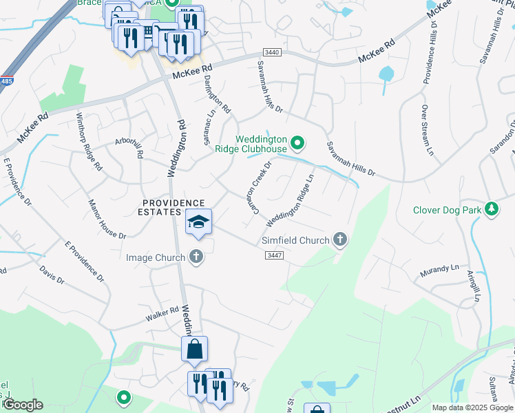map of restaurants, bars, coffee shops, grocery stores, and more near 4023 Cameron Creek Drive in Matthews