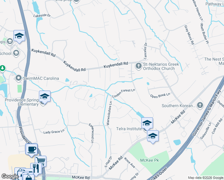 map of restaurants, bars, coffee shops, grocery stores, and more near 9700 Grasmere Drive in Charlotte