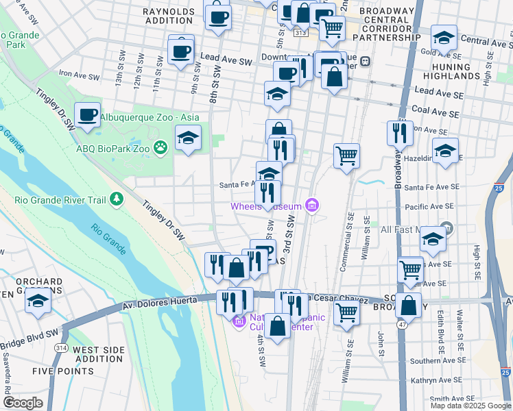 map of restaurants, bars, coffee shops, grocery stores, and more near 420 Pacific Avenue Southwest in Albuquerque