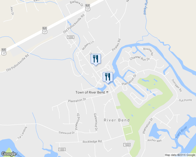 map of restaurants, bars, coffee shops, grocery stores, and more near 102 Bayswater Court in New Bern