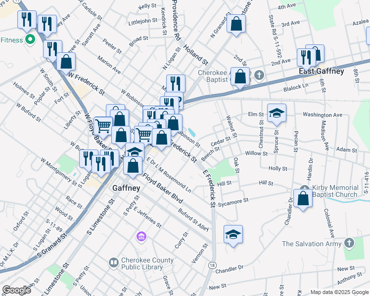 map of restaurants, bars, coffee shops, grocery stores, and more near 217 East Frederick Street in Gaffney