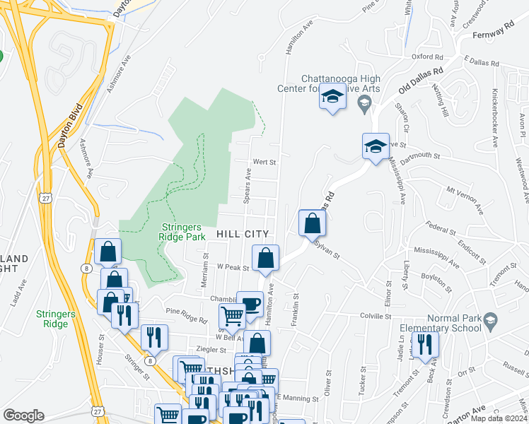map of restaurants, bars, coffee shops, grocery stores, and more near 17 Sawyer Street in Chattanooga