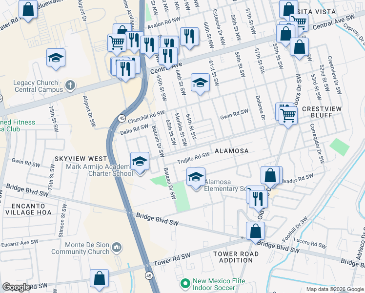 map of restaurants, bars, coffee shops, grocery stores, and more near 433 Merlida Street Southwest in Albuquerque