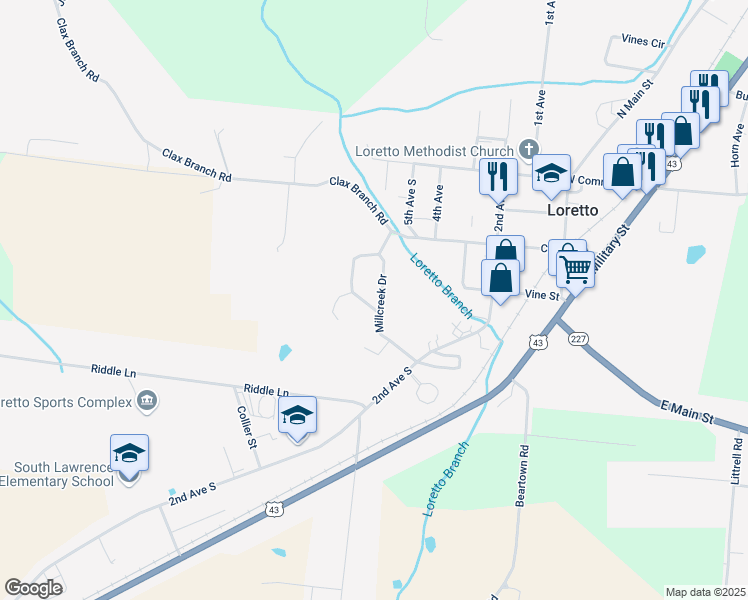 map of restaurants, bars, coffee shops, grocery stores, and more near 211 Millcreek Drive in Loretto