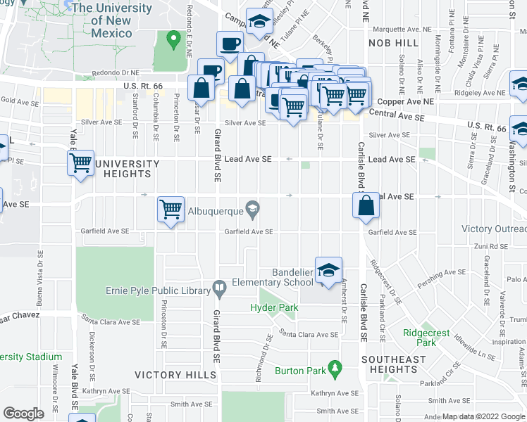 map of restaurants, bars, coffee shops, grocery stores, and more near 412 Richmond Drive Southeast in Albuquerque