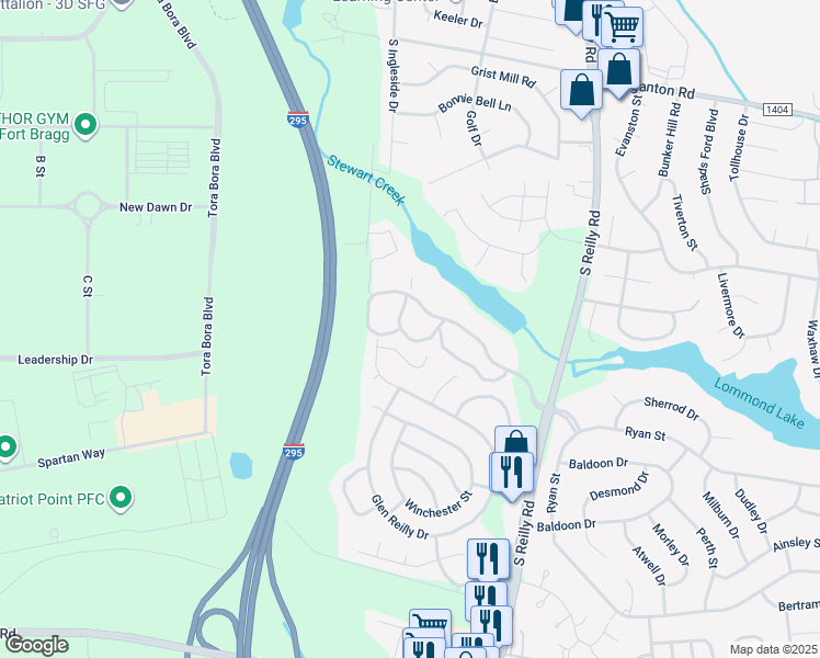 map of restaurants, bars, coffee shops, grocery stores, and more near 1018 Wood Creek Drive in Fayetteville
