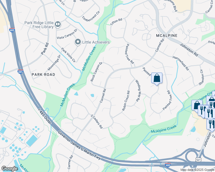 map of restaurants, bars, coffee shops, grocery stores, and more near 7831 Carmel Road in Charlotte