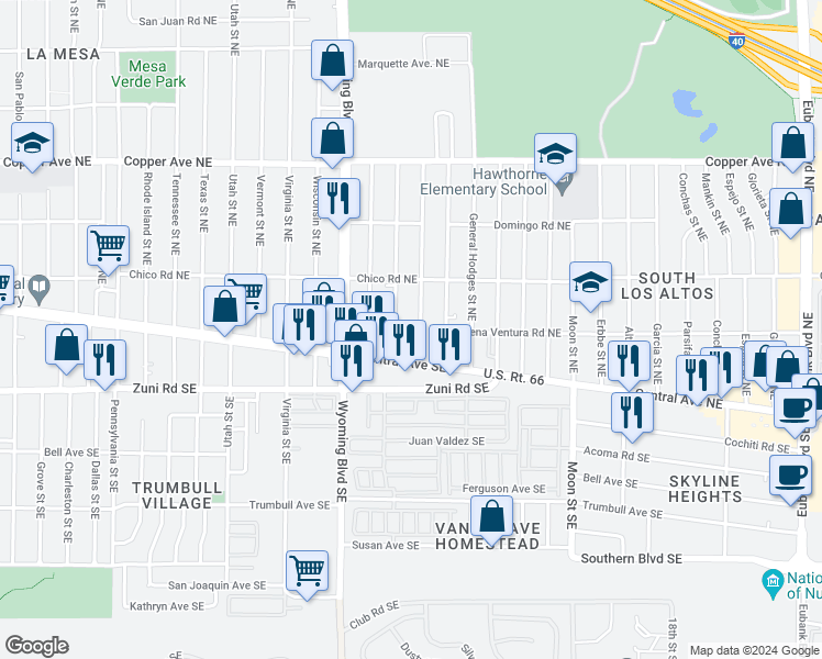 map of restaurants, bars, coffee shops, grocery stores, and more near 117 General Arnold Street Northeast in Albuquerque