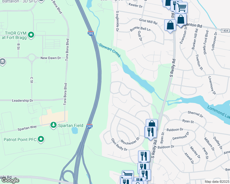 map of restaurants, bars, coffee shops, grocery stores, and more near 6821 Willowbrook Drive in Fayetteville