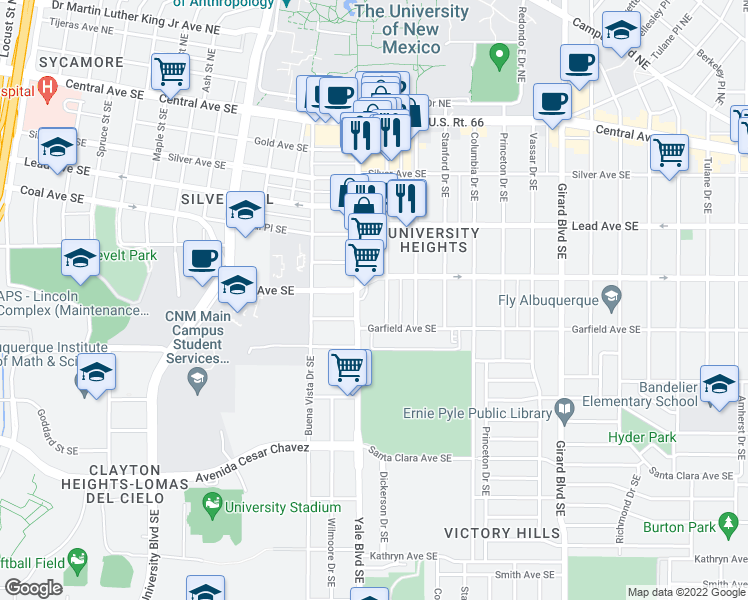 map of restaurants, bars, coffee shops, grocery stores, and more near 411 Harvard Drive Southeast in Albuquerque