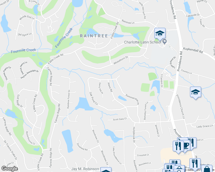 map of restaurants, bars, coffee shops, grocery stores, and more near 6023 Alexa Rd in Charlotte