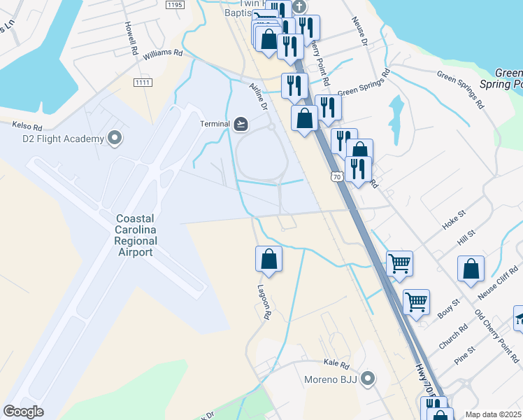map of restaurants, bars, coffee shops, grocery stores, and more near 824 Airport Road in New Bern