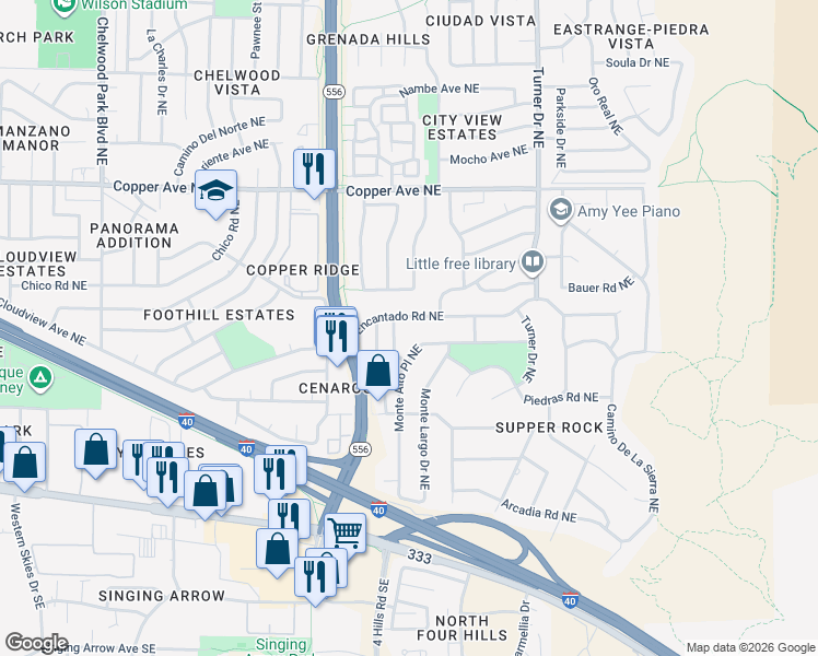 map of restaurants, bars, coffee shops, grocery stores, and more near 431 Monte Alto Place Northeast in Albuquerque
