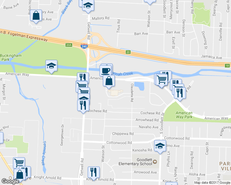 map of restaurants, bars, coffee shops, grocery stores, and more near 4075 American Way in Memphis