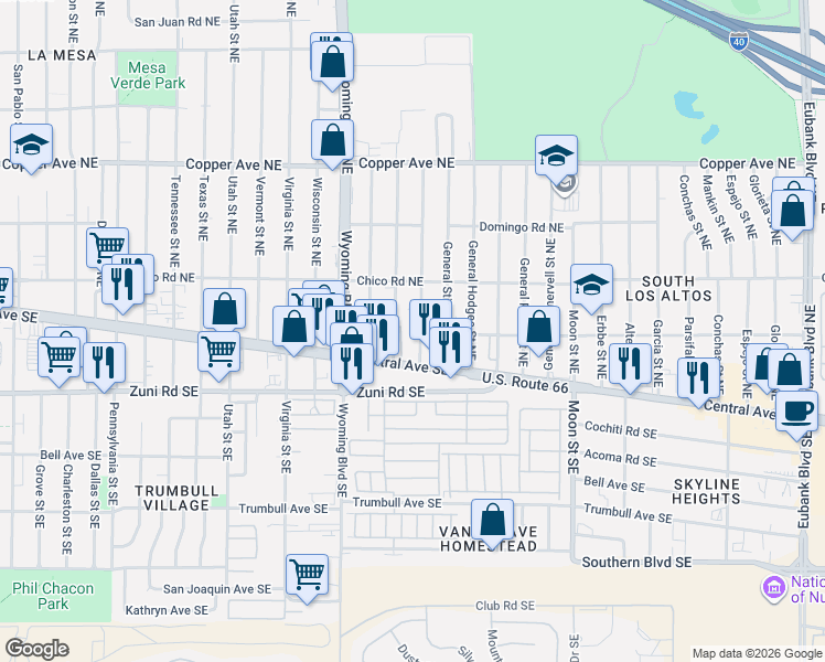 map of restaurants, bars, coffee shops, grocery stores, and more near 109 General Arnold Street Northeast in Albuquerque