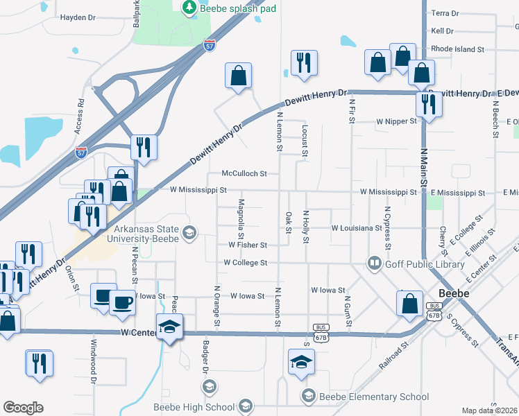 map of restaurants, bars, coffee shops, grocery stores, and more near 800 Minnesota Street in Beebe