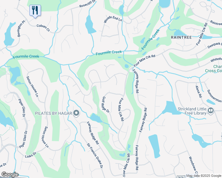 map of restaurants, bars, coffee shops, grocery stores, and more near 10401 9 Iron Court in Charlotte