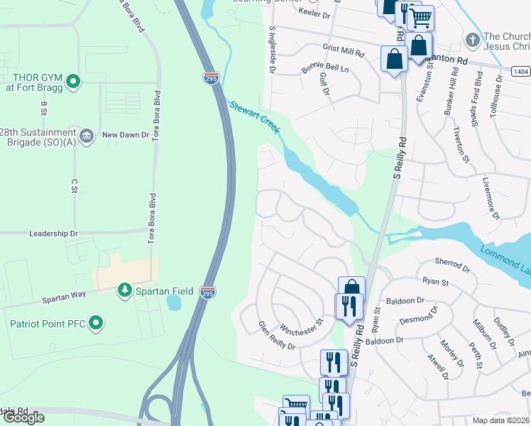 map of restaurants, bars, coffee shops, grocery stores, and more near 6821 Willowbrook Drive in Fayetteville