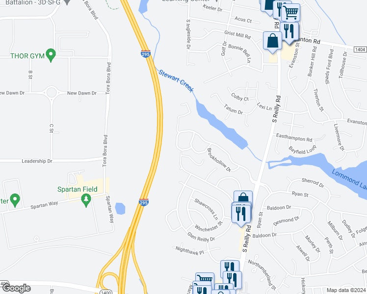 map of restaurants, bars, coffee shops, grocery stores, and more near 6821 Willowbrook Drive in Fayetteville
