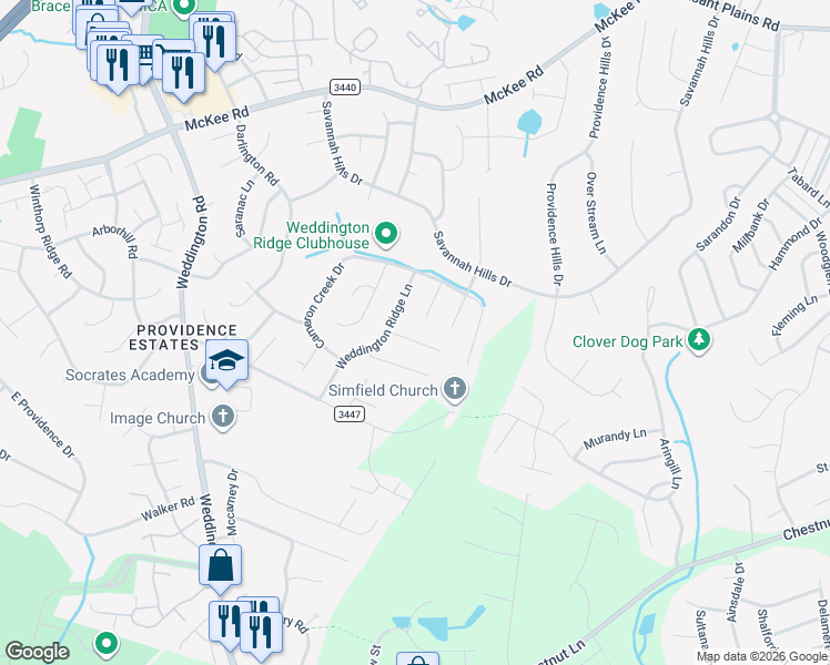 map of restaurants, bars, coffee shops, grocery stores, and more near 4122 Oakton Ridge Court in Matthews