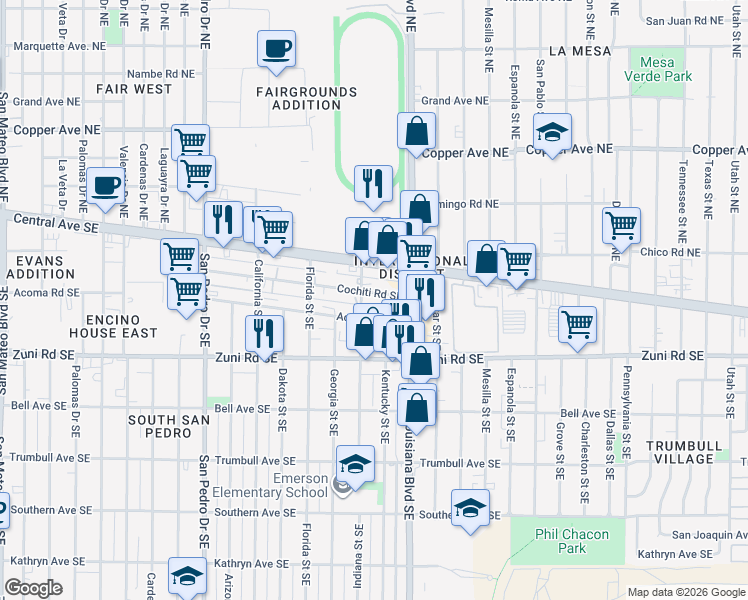 map of restaurants, bars, coffee shops, grocery stores, and more near 6909 Acoma Road Southeast in Albuquerque
