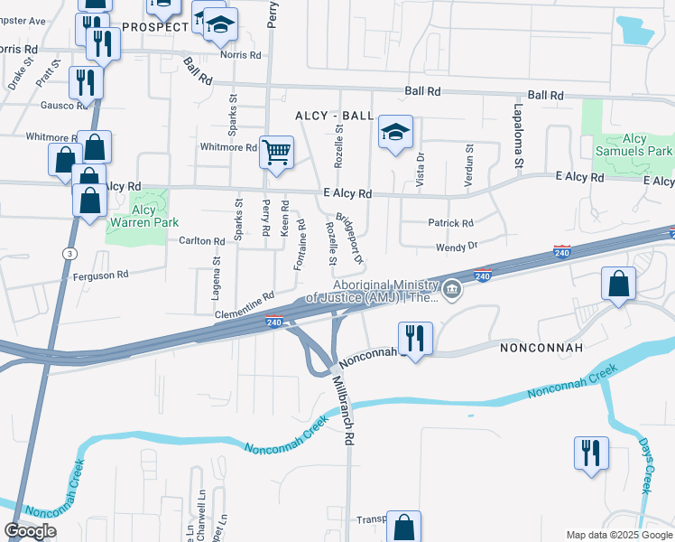 map of restaurants, bars, coffee shops, grocery stores, and more near 2580 Rozelle Street in Memphis