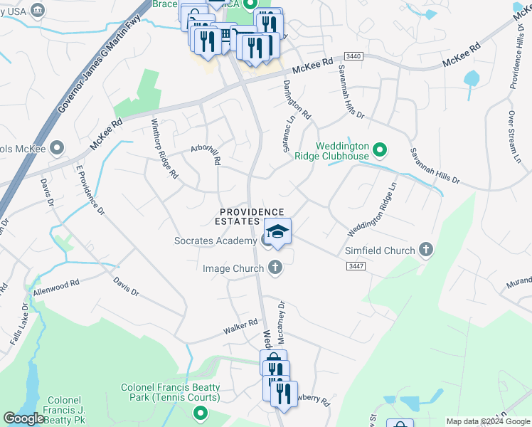 map of restaurants, bars, coffee shops, grocery stores, and more near 2315 Big Pine Drive in Matthews