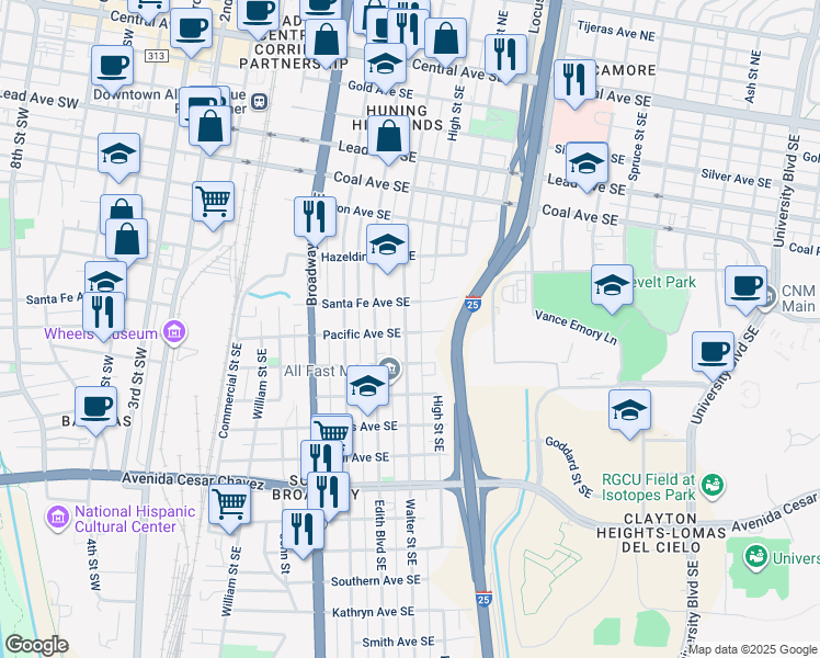 map of restaurants, bars, coffee shops, grocery stores, and more near 607 Pacific Avenue Southeast in Albuquerque