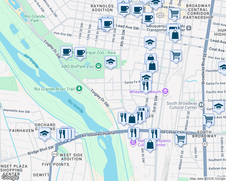 map of restaurants, bars, coffee shops, grocery stores, and more near 1100 9th Street Southwest in Albuquerque