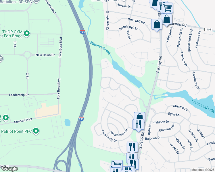 map of restaurants, bars, coffee shops, grocery stores, and more near 1021 Wood Creek Drive in Fayetteville