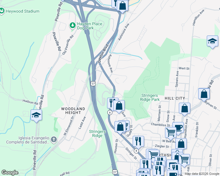 map of restaurants, bars, coffee shops, grocery stores, and more near 506 Nye Drive in Chattanooga