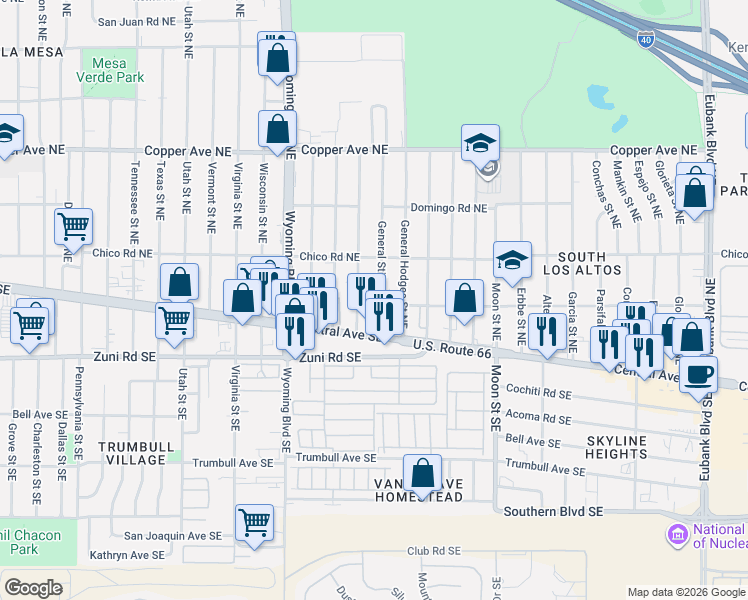map of restaurants, bars, coffee shops, grocery stores, and more near 121 General Stilwell Street Northeast in Albuquerque